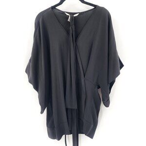 DIANE VON FURSTENBERG Kallina Black Silk Belted Wrap Kimono Top Tunic